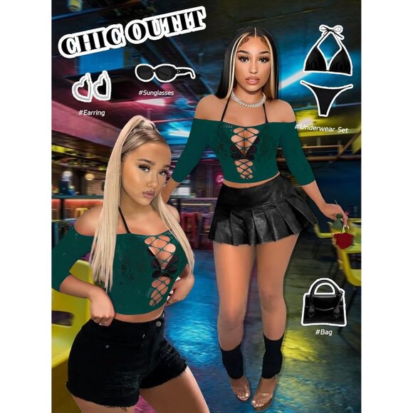 Green Women’s Sexy Fishnet Lingerie Set Babydoll Bodysuit Nightwear Outfit - Picture 5 of 6